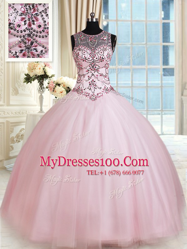 Discount Baby Pink Scoop Neckline Beading Quince Ball Gowns Sleeveless Lace Up