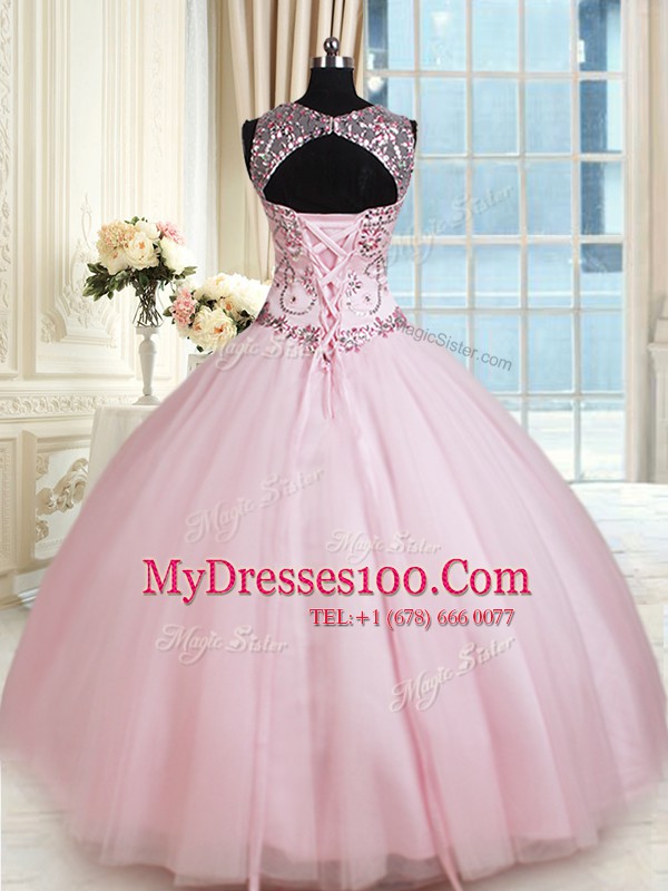 Discount Baby Pink Scoop Neckline Beading Quince Ball Gowns Sleeveless Lace Up