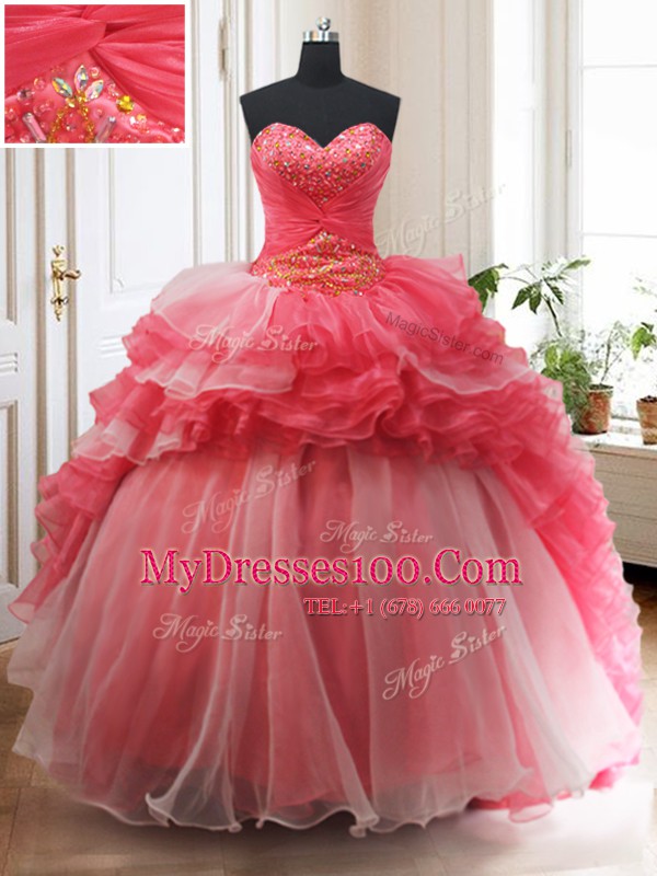 Spectacular Ruffled Brush Train Ball Gowns Vestidos de Quinceanera White And Red Sweetheart Organza Sleeveless With Train Lace Up