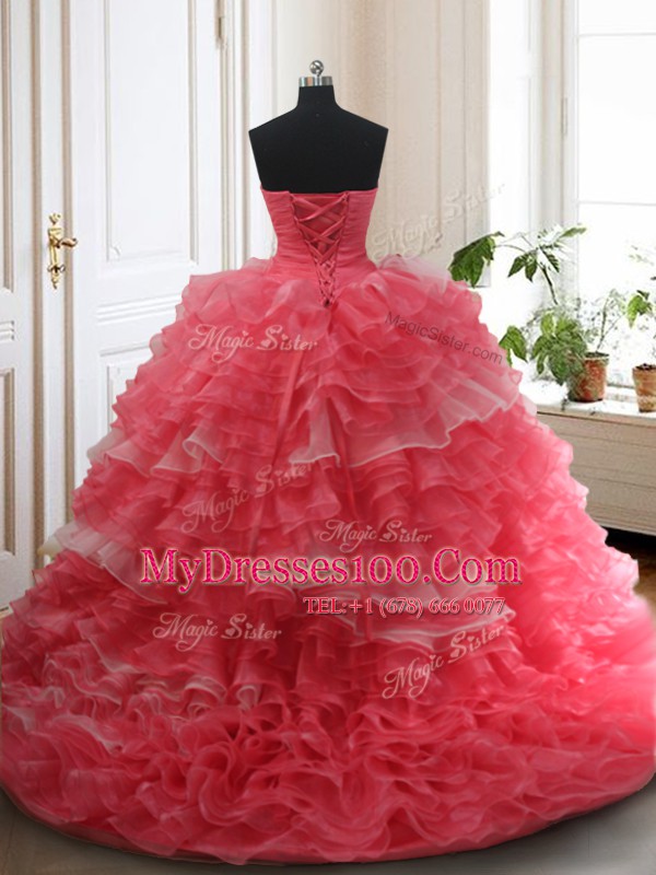 Spectacular Ruffled Brush Train Ball Gowns Vestidos de Quinceanera White And Red Sweetheart Organza Sleeveless With Train Lace Up