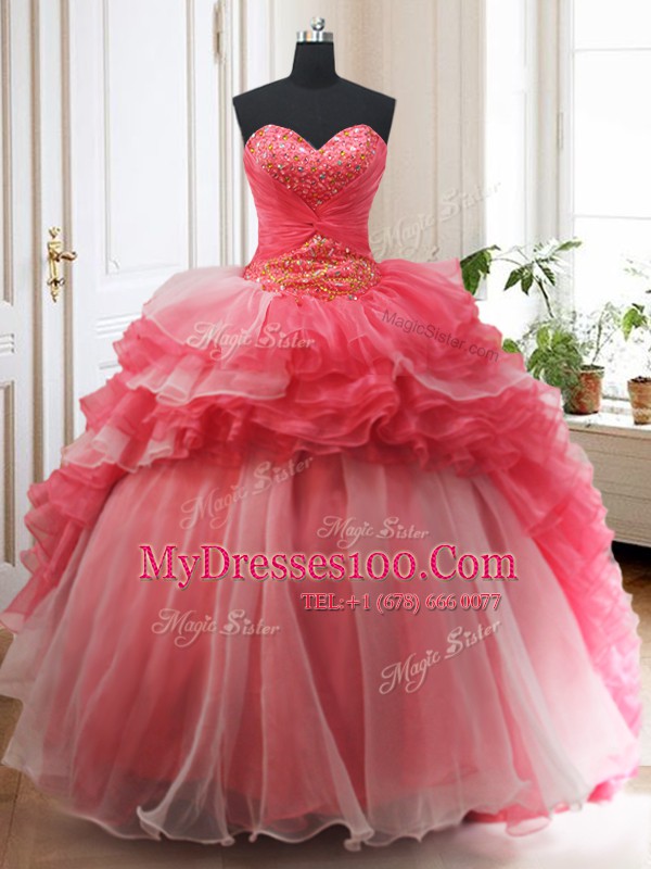 Spectacular Ruffled Brush Train Ball Gowns Vestidos de Quinceanera White And Red Sweetheart Organza Sleeveless With Train Lace Up
