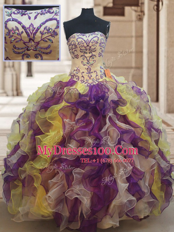 Organza Sleeveless Floor Length Sweet 16 Dresses and Beading and Ruffles