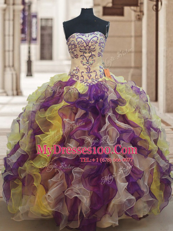 Organza Sleeveless Floor Length Sweet 16 Dresses and Beading and Ruffles