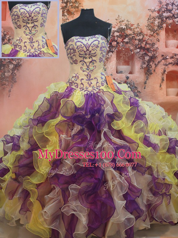 Organza Sleeveless Floor Length Sweet 16 Dresses and Beading and Ruffles