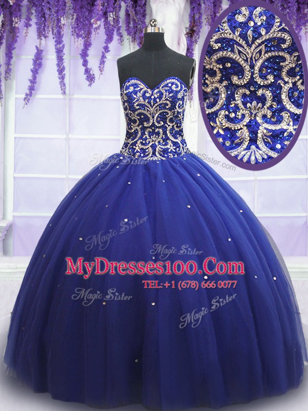 Tulle Sweetheart Sleeveless Lace Up Beading and Sequins Quinceanera Dresses in Royal Blue