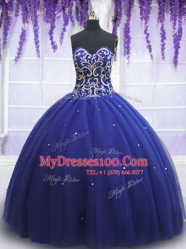 Tulle Sweetheart Sleeveless Lace Up Beading and Sequins Quinceanera Dresses in Royal Blue