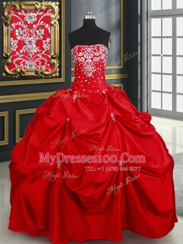 Floor Length Lace Up 15th Birthday Dress Red for Military Ball and Sweet 16 and Quinceanera with Beading and Pick Ups
