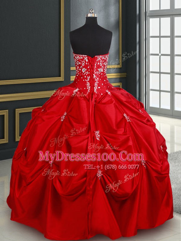 Floor Length Lace Up 15th Birthday Dress Red for Military Ball and Sweet 16 and Quinceanera with Beading and Pick Ups