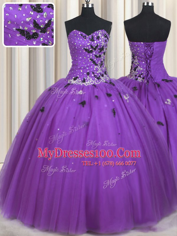 Eggplant Purple Ball Gowns Sweetheart Sleeveless Tulle Floor Length Lace Up Beading and Appliques Vestidos de Quinceanera