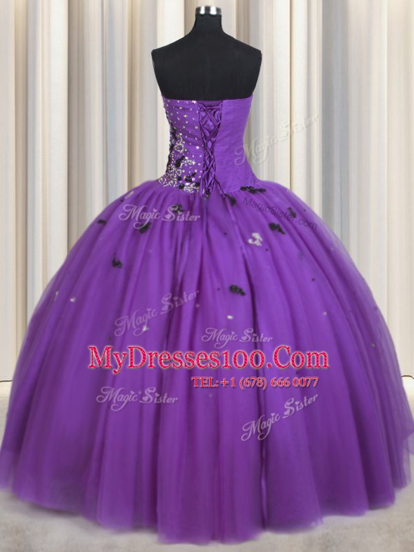 Eggplant Purple Ball Gowns Sweetheart Sleeveless Tulle Floor Length Lace Up Beading and Appliques Vestidos de Quinceanera