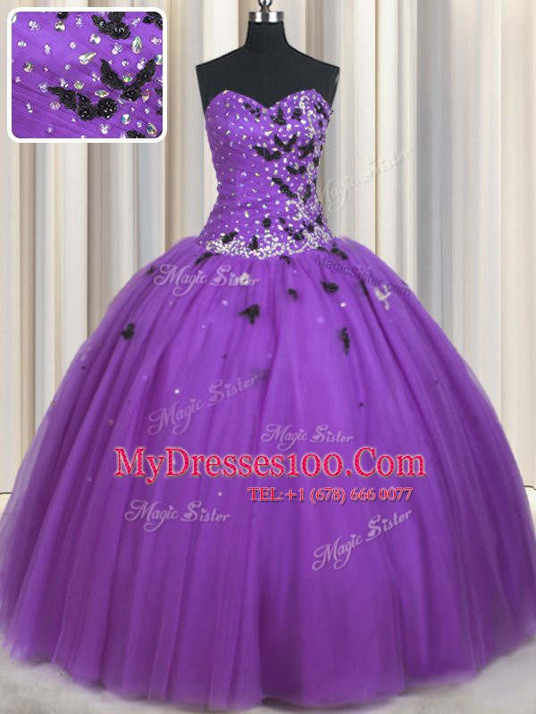 Eggplant Purple Ball Gowns Sweetheart Sleeveless Tulle Floor Length Lace Up Beading and Appliques Vestidos de Quinceanera