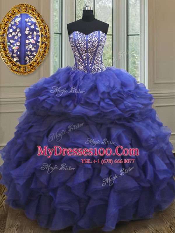 Inexpensive Royal Blue Organza Lace Up Quince Ball Gowns Sleeveless Floor Length Beading and Ruffles