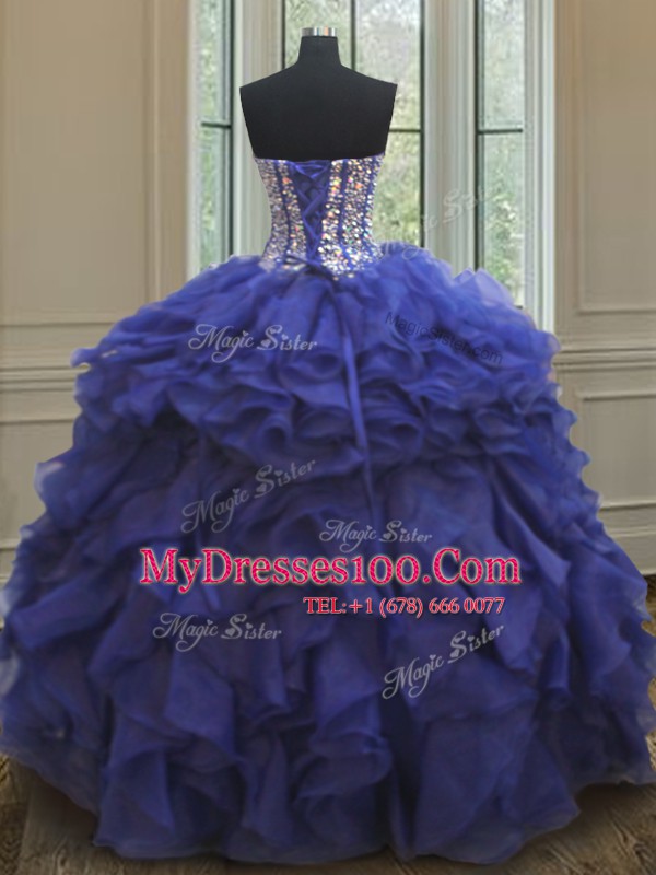 Inexpensive Royal Blue Organza Lace Up Quince Ball Gowns Sleeveless Floor Length Beading and Ruffles