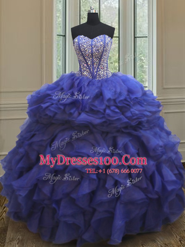 Inexpensive Royal Blue Organza Lace Up Quince Ball Gowns Sleeveless Floor Length Beading and Ruffles