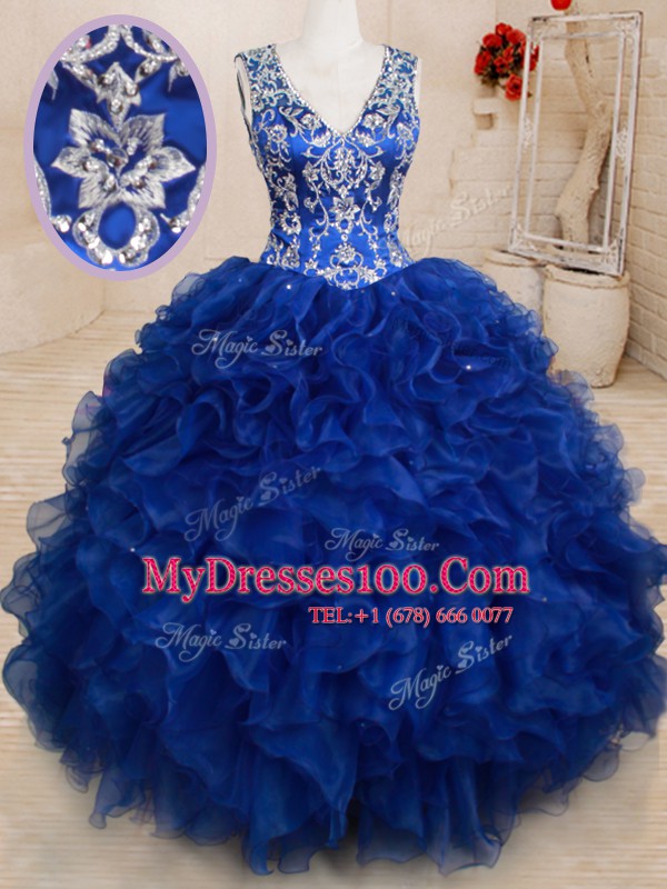 Cheap Beading and Embroidery and Ruffles Vestidos de Quinceanera Royal Blue Backless Sleeveless Floor Length