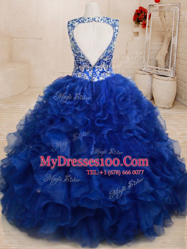 Cheap Beading and Embroidery and Ruffles Vestidos de Quinceanera Royal Blue Backless Sleeveless Floor Length