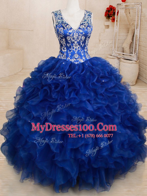 Cheap Beading and Embroidery and Ruffles Vestidos de Quinceanera Royal Blue Backless Sleeveless Floor Length