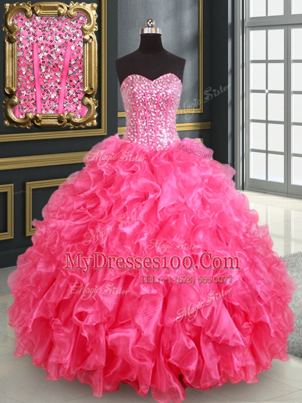 Exquisite Hot Pink Ball Gowns Beading and Ruffles and Sequins Quinceanera Dress Lace Up Organza Sleeveless Floor Length