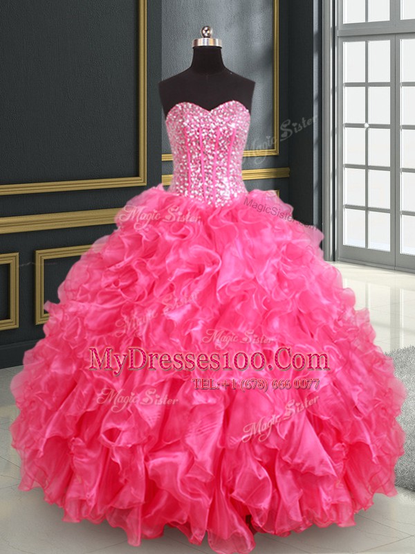 Exquisite Hot Pink Ball Gowns Beading and Ruffles and Sequins Quinceanera Dress Lace Up Organza Sleeveless Floor Length