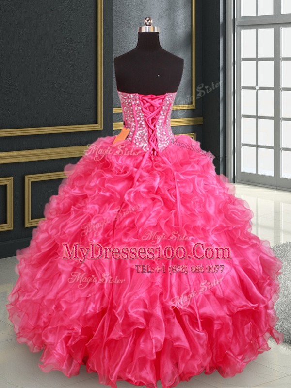 Exquisite Hot Pink Ball Gowns Beading and Ruffles and Sequins Quinceanera Dress Lace Up Organza Sleeveless Floor Length