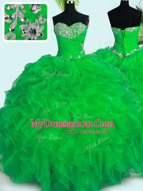 Modern Organza Sweetheart Sleeveless Lace Up Beading and Ruffles Sweet 16 Quinceanera Dress in Green