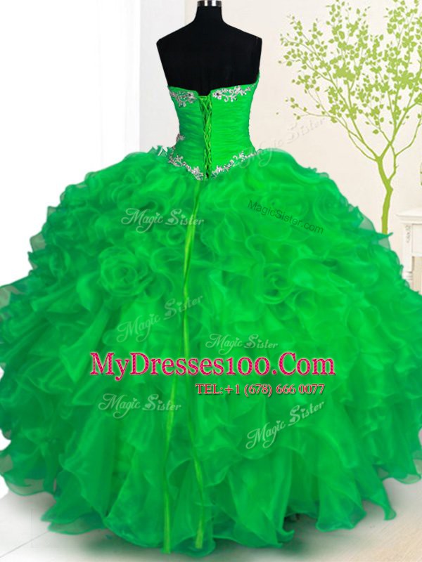Modern Organza Sweetheart Sleeveless Lace Up Beading and Ruffles Sweet 16 Quinceanera Dress in Green