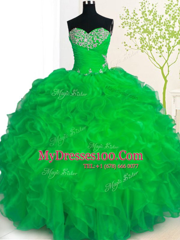 Modern Organza Sweetheart Sleeveless Lace Up Beading and Ruffles Sweet 16 Quinceanera Dress in Green