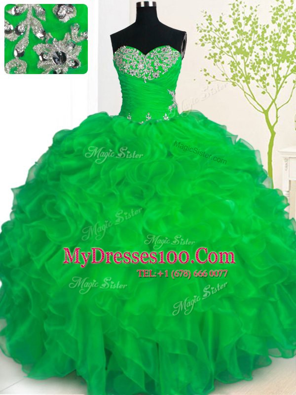 Modern Organza Sweetheart Sleeveless Lace Up Beading and Ruffles Sweet 16 Quinceanera Dress in Green