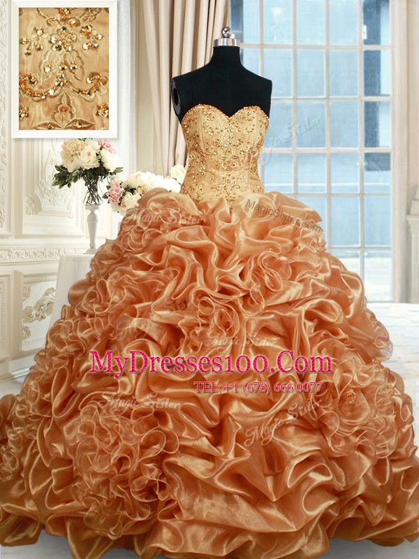 Champagne Ball Gowns Sweetheart Sleeveless Organza Brush Train Lace Up Beading and Ruffles and Pick Ups Quinceanera Gown