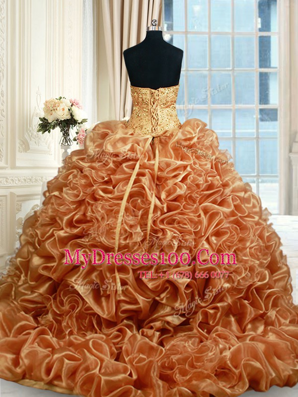 Champagne Ball Gowns Sweetheart Sleeveless Organza Brush Train Lace Up Beading and Ruffles and Pick Ups Quinceanera Gown