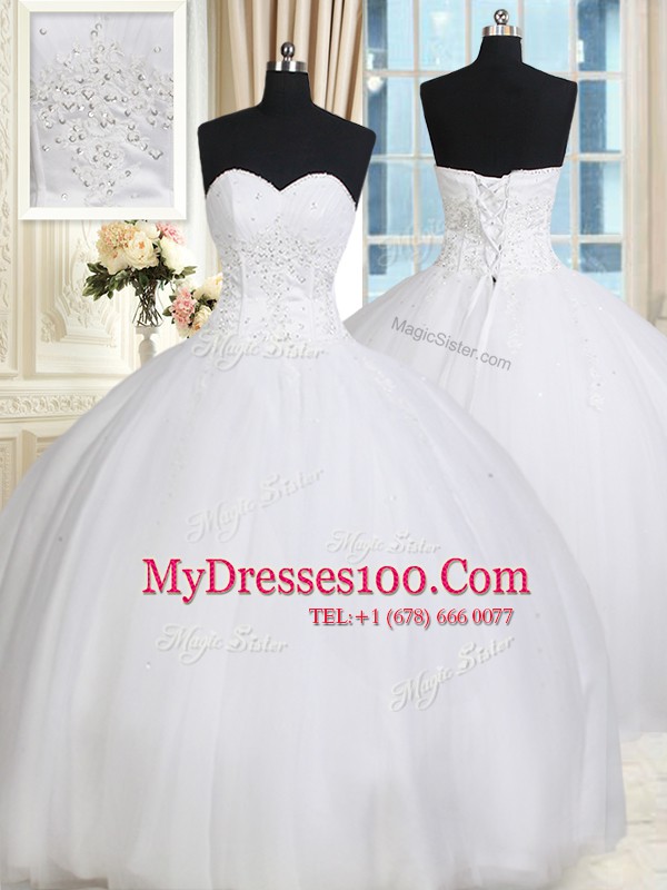 White Tulle Lace Up Quinceanera Gown Sleeveless Floor Length Beading