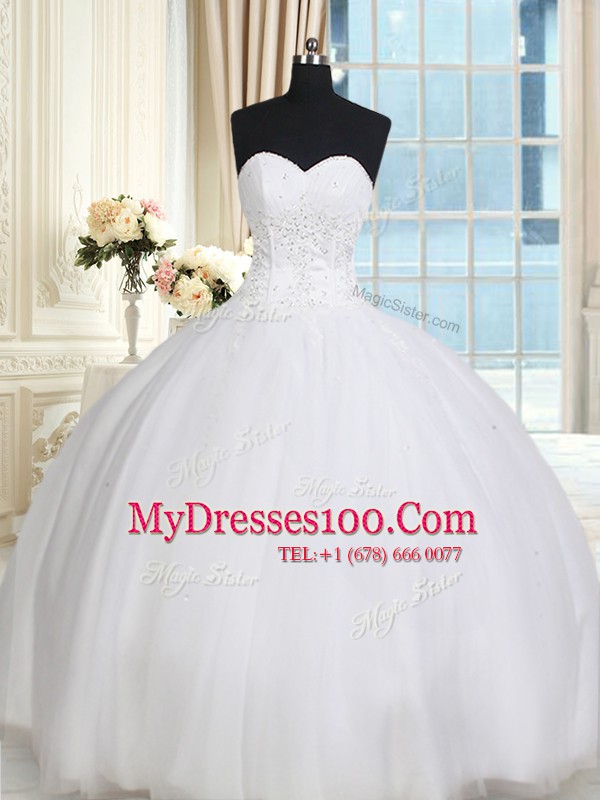 White Tulle Lace Up Quinceanera Gown Sleeveless Floor Length Beading