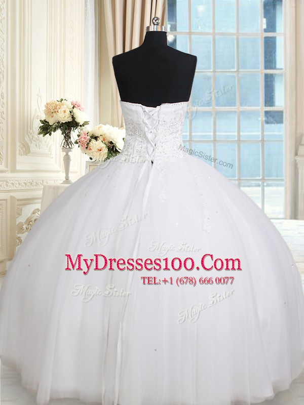 White Tulle Lace Up Quinceanera Gown Sleeveless Floor Length Beading