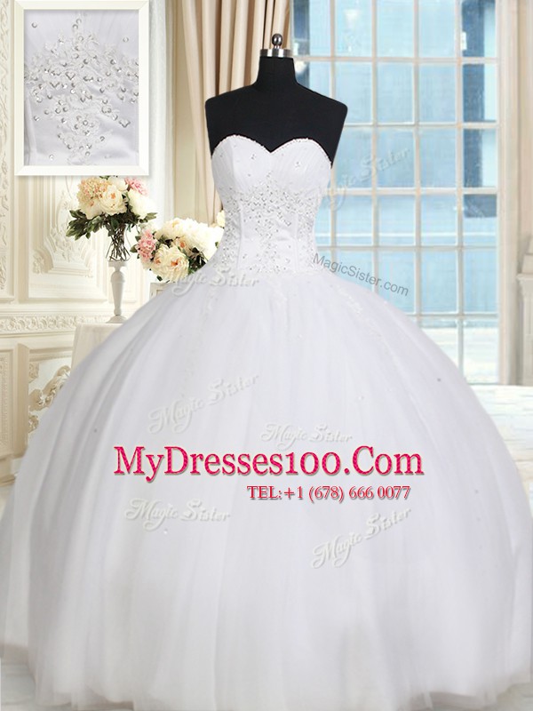 White Tulle Lace Up Quinceanera Gown Sleeveless Floor Length Beading