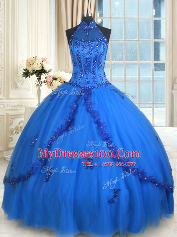 Eye-catching See Through Blue Ball Gowns Tulle Halter Top Sleeveless Beading and Appliques Floor Length Lace Up Quinceanera Gowns