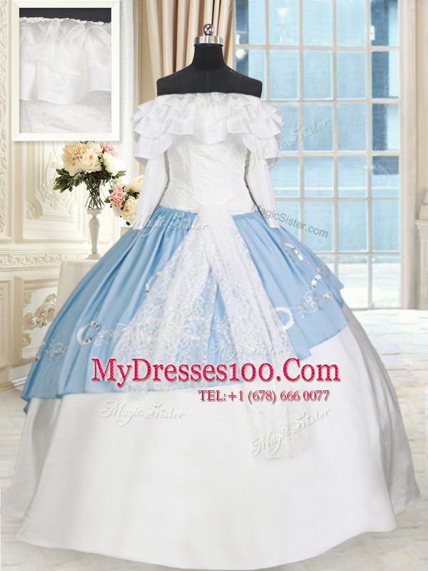 Customized Off the Shoulder Blue And White Taffeta Lace Up Quinceanera Gowns Long Sleeves Floor Length Lace and Bowknot