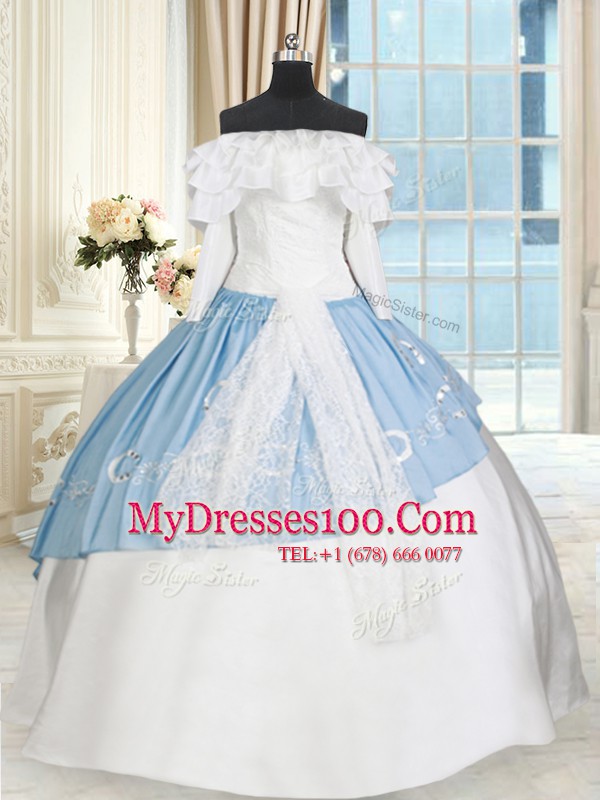 Customized Off the Shoulder Blue And White Taffeta Lace Up Quinceanera Gowns Long Sleeves Floor Length Lace and Bowknot