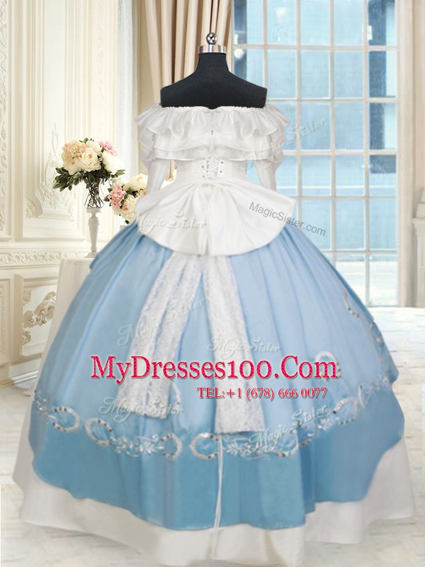 Customized Off the Shoulder Blue And White Taffeta Lace Up Quinceanera Gowns Long Sleeves Floor Length Lace and Bowknot