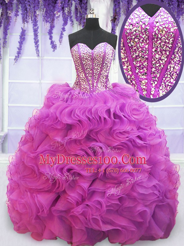 Purple Sleeveless Organza Brush Train Lace Up Quinceanera Gowns for Military Ball and Sweet 16 and Quinceanera