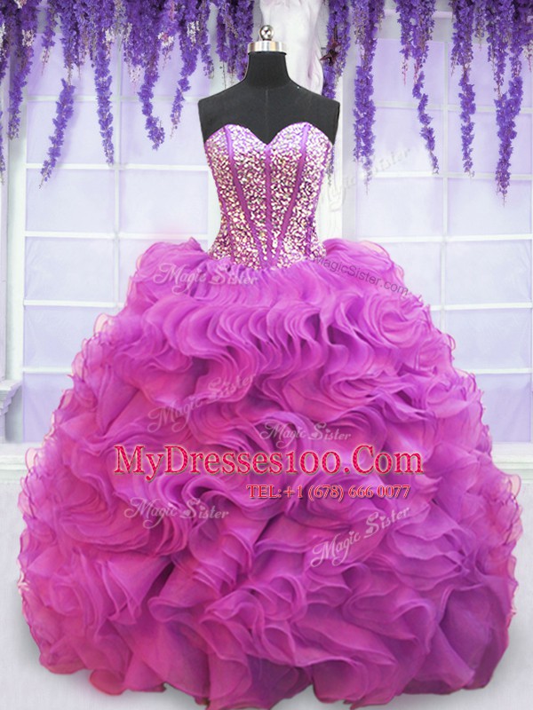 Purple Sleeveless Organza Brush Train Lace Up Quinceanera Gowns for Military Ball and Sweet 16 and Quinceanera