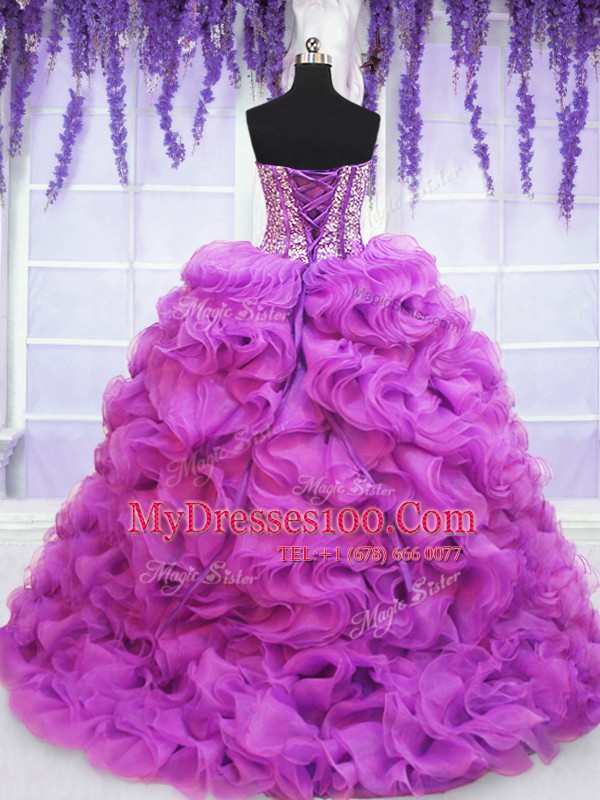 Purple Sleeveless Organza Brush Train Lace Up Quinceanera Gowns for Military Ball and Sweet 16 and Quinceanera