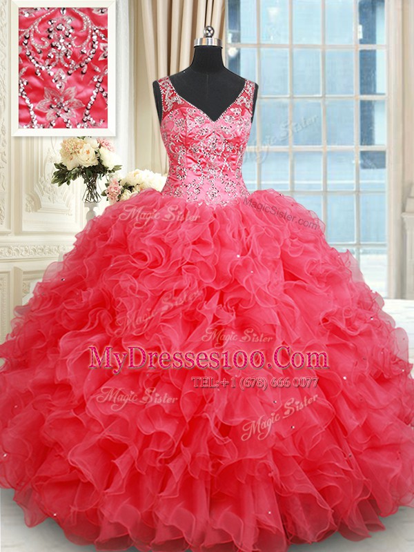 Backless Coral Red Sleeveless Beading and Ruffles Floor Length Sweet 16 Dresses