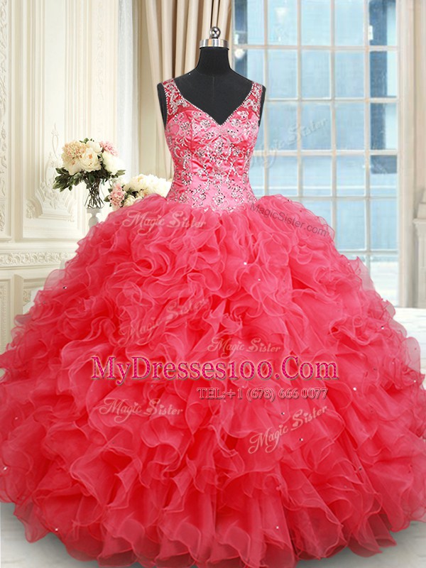 Backless Coral Red Sleeveless Beading and Ruffles Floor Length Sweet 16 Dresses