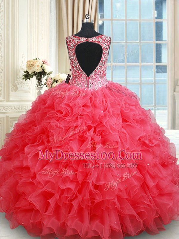 Backless Coral Red Sleeveless Beading and Ruffles Floor Length Sweet 16 Dresses