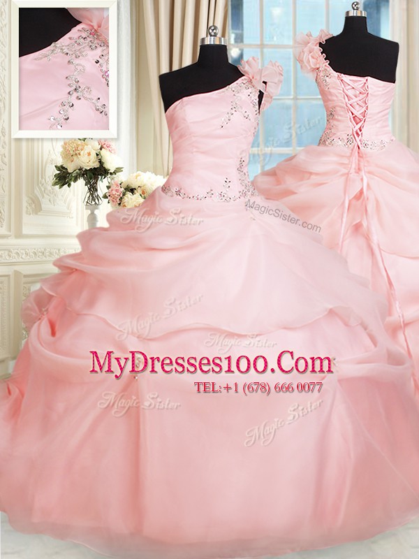 Beautiful One Shoulder Beading and Hand Made Flower Sweet 16 Dress Pink Lace Up Sleeveless Floor Length