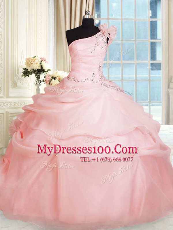 Beautiful One Shoulder Beading and Hand Made Flower Sweet 16 Dress Pink Lace Up Sleeveless Floor Length