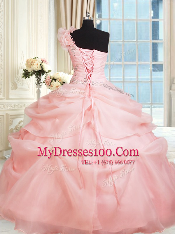 Beautiful One Shoulder Beading and Hand Made Flower Sweet 16 Dress Pink Lace Up Sleeveless Floor Length