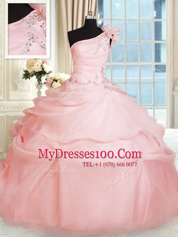 Beautiful One Shoulder Beading and Hand Made Flower Sweet 16 Dress Pink Lace Up Sleeveless Floor Length