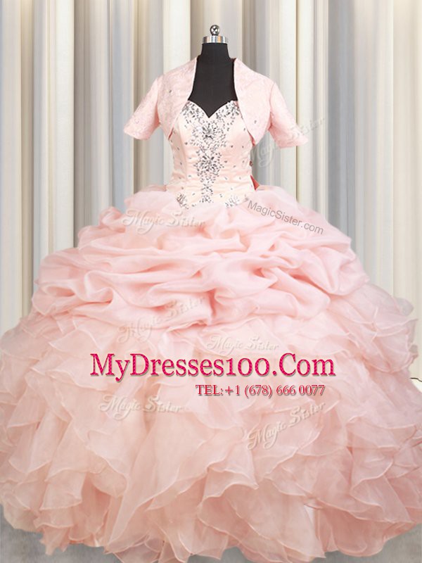 Traditional Straps Sleeveless Organza Brush Train Zipper Quinceanera Dresses in Pink with Beading and Ruffles and Pick Ups