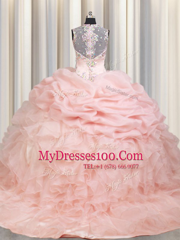 Traditional Straps Sleeveless Organza Brush Train Zipper Quinceanera Dresses in Pink with Beading and Ruffles and Pick Ups
